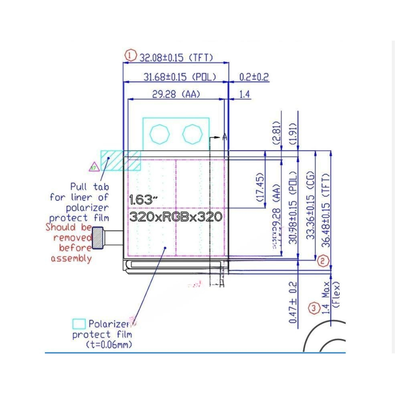1.63 Inch AMOLED Display module, 320x320 resolution, MIPI interface, driving IC RM69032