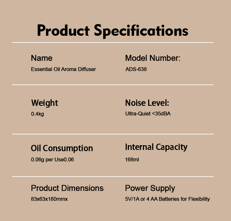 Type C Rechargeable 168mL Ultrasonic Aromatherapy Diffuser with 8dB Noise and 6V Voltage for Home and Commercial Use