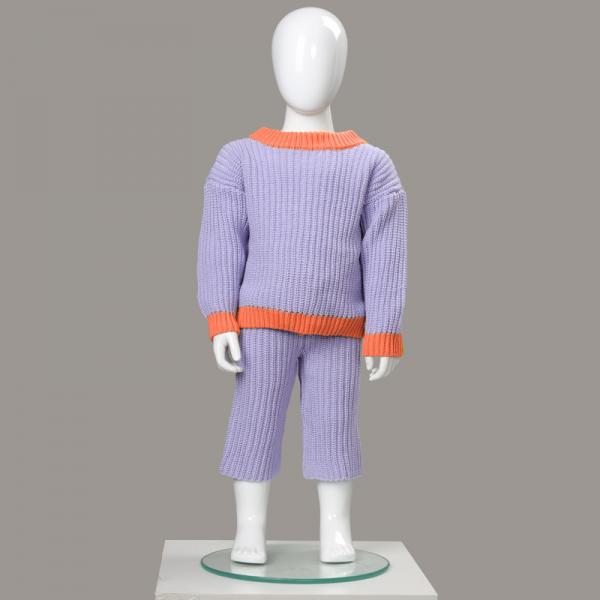 Customized Long Sleeve Chunky Color Block Sweater 2PCS 100% Cotton Contrast Knit Wear Jumper Knit Long Pants Kids