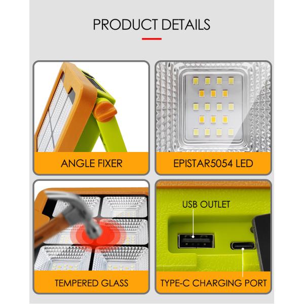 Portable Led Solar Flood Light SMD LED Warm White 3000K Rechargeable Battery With Remote Control