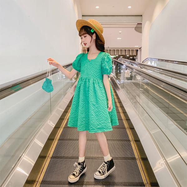 Green Bubble Sleeve Girls Summer Dress T-Shirt Skirt New Foreign Style
