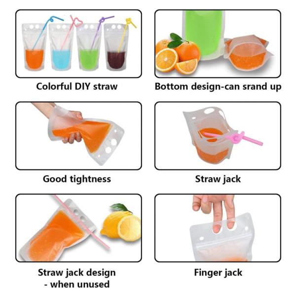 Custom Printed Empty 16oz Fruit Juice Packing Pouch With Straw Reusable