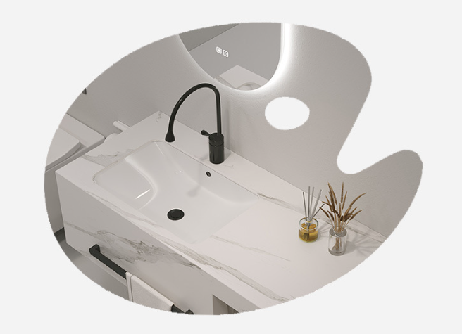 Bathroom Countertop Organizer with White Ceramic Basin and SLABS/SINTERSTONE Material