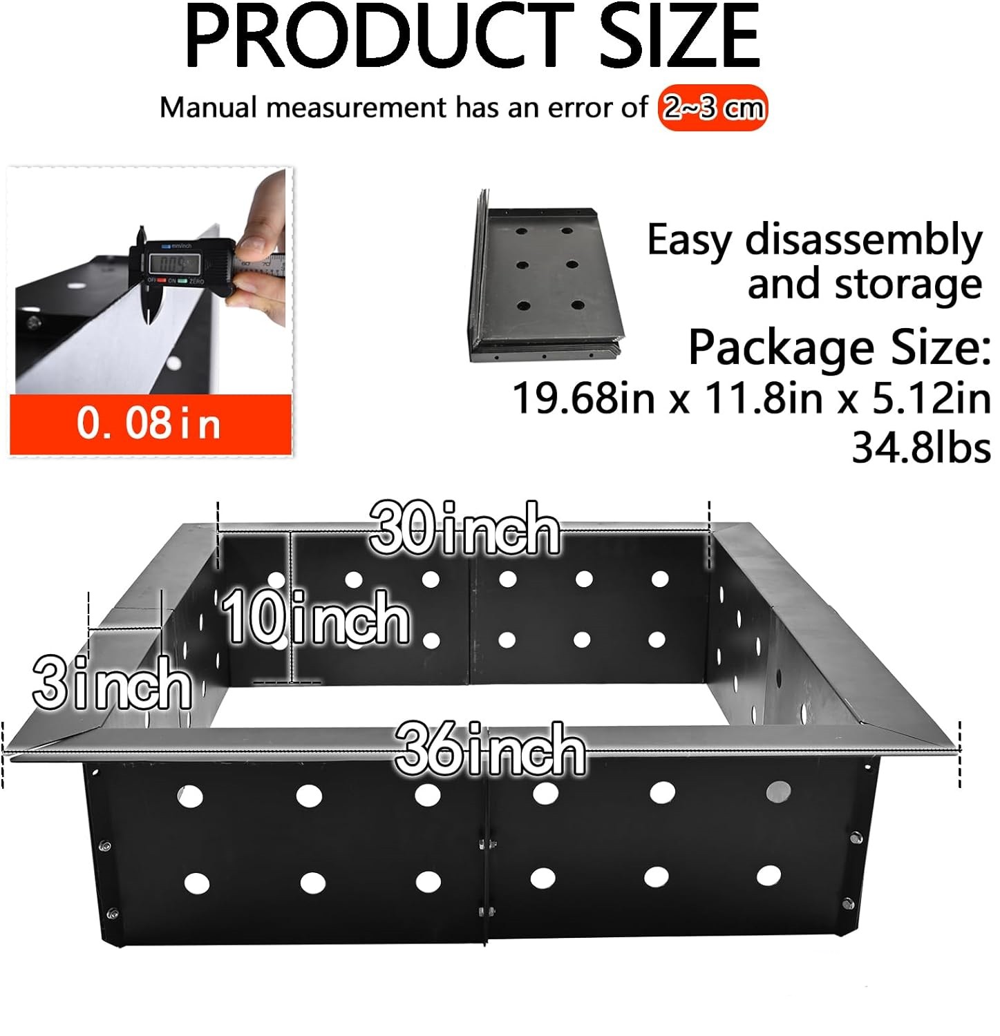 Square Outdoor Fire Pit Ring 36" Outside Diameter 30" Inside Heavy Duty Steel Fire Ring with Heat Resistant Paint