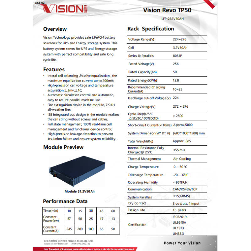 Vision Revo Three-Phase UPS Lithium-ion Battery System TP50 256V50AH UPS BATTERY MODULE