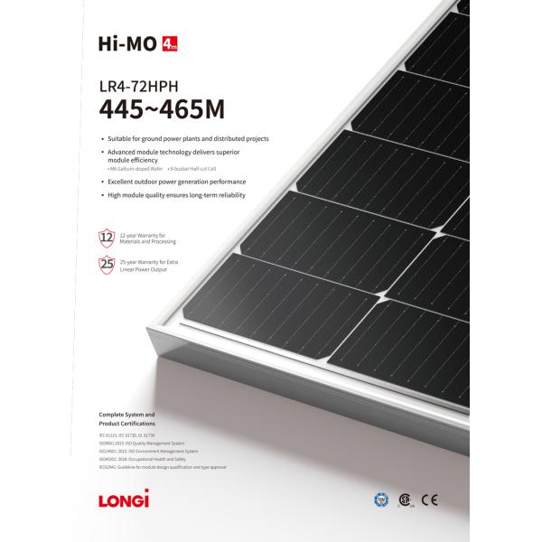 450w Longi Solar Bifacial Module 166x166mm Half Cell LR4 72HPH 450M