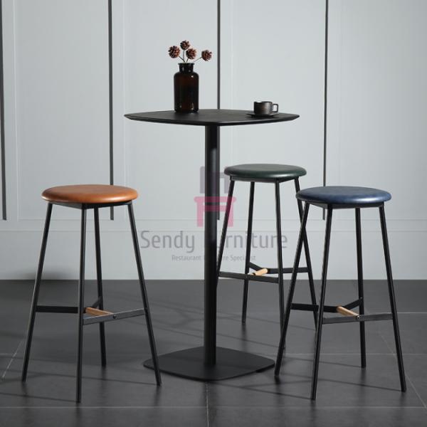 MDF Square Bar Table with Rounded Corners; White & Black Iron Frame Table