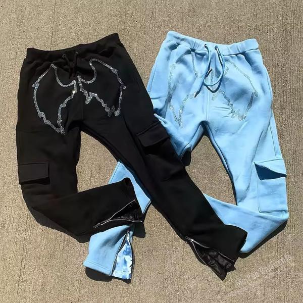 Quality Custom Jogger Graphic Rhinestone Sweatpants Flared Running Training Jogging Stacked Pocket Side Zipper Stripe Sweat Cargo Pant for sale