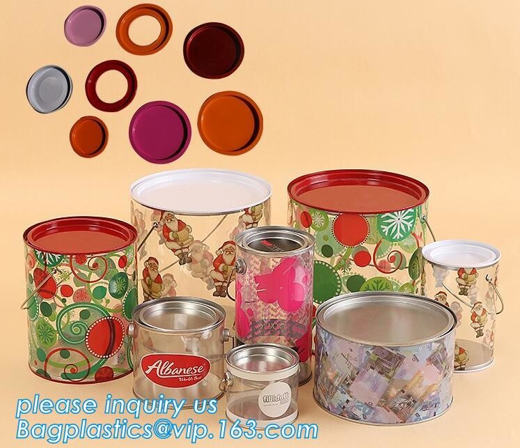 clear PVC PET can for food canning,Customized round clear paint can with tin lid,paint can with tin top & bottom and han