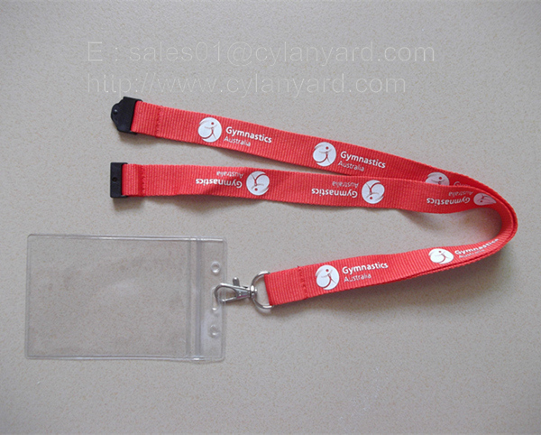 Discount plastic badge holder lanyard with plastic breakaway, polyester ribbon,