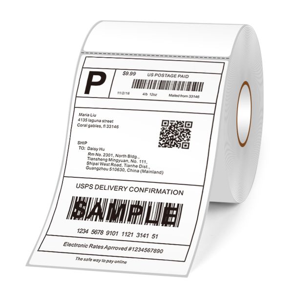 Waterproof thermal shipping label sample showing durability features