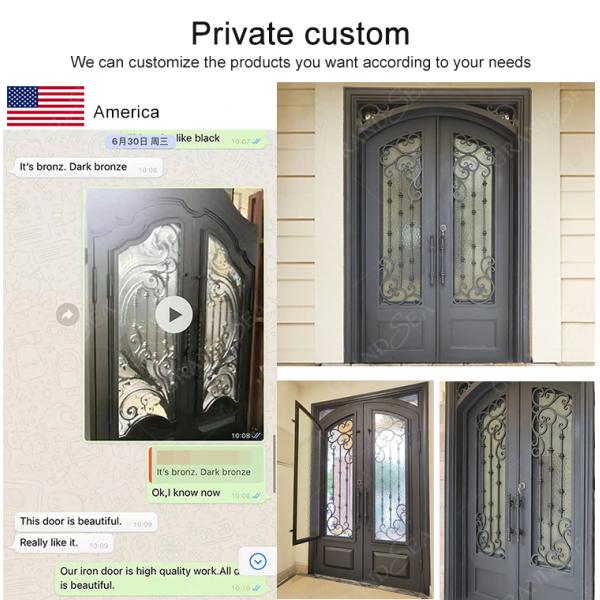 China Patio Single Pocket Double Door Main House Entry Entrance Wrought Iron Door with Elegant Decorative Design