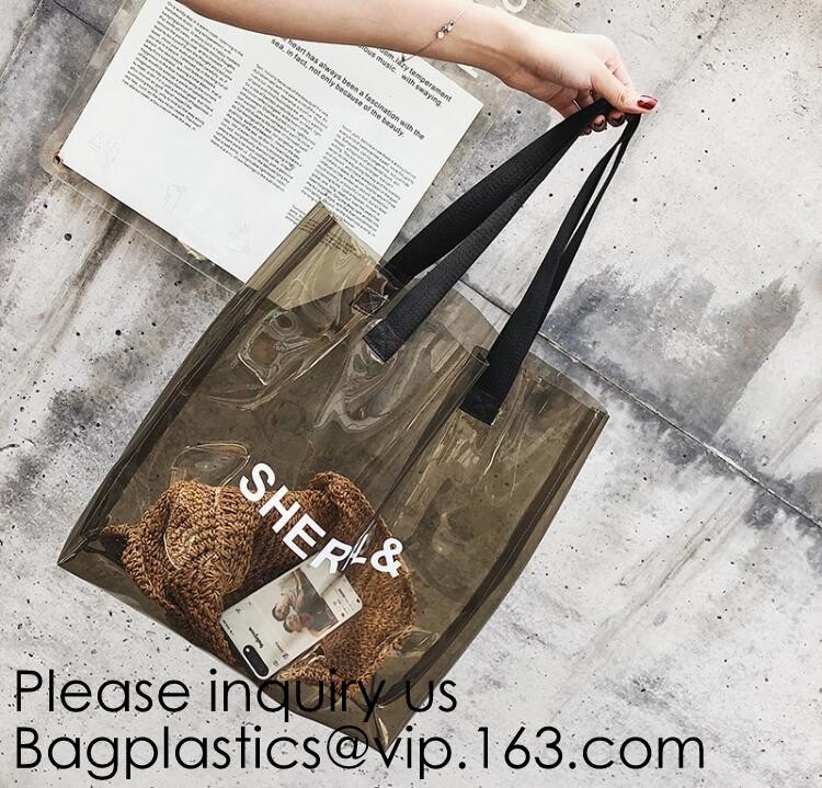 Transparent PVC Blanket Bag/Plastic Shopping Bag/Packaging Bag With Black Woven Trim And Webbing Handle, bagease, packag