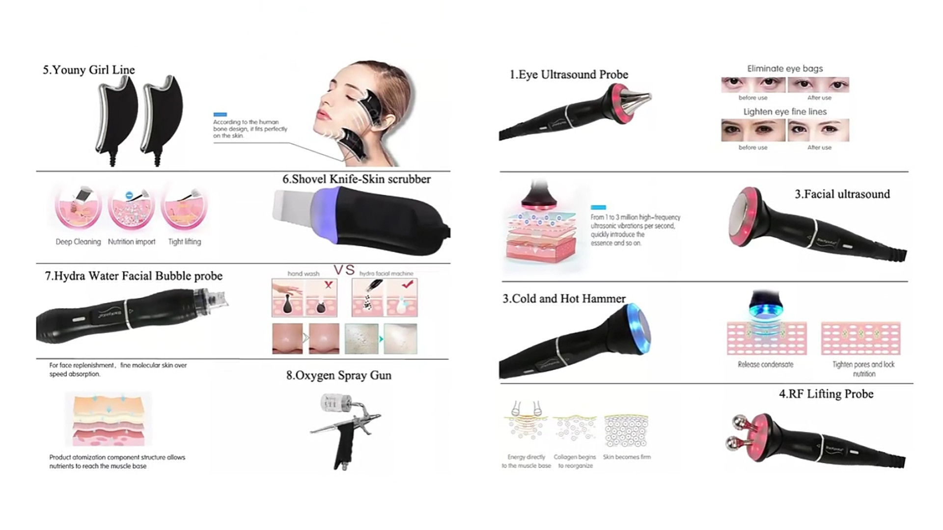 Multi Function 8 Handles Hydro Oxygen Facial Machine Elight Probes