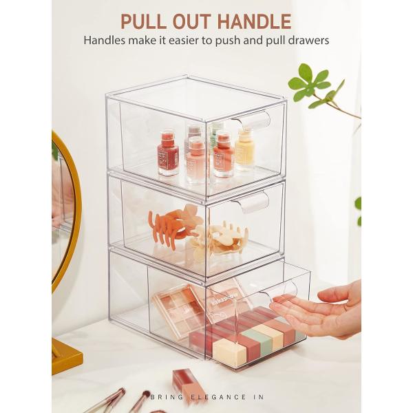 Stackable Makeup Organizer Drawers, 4.4'' Tall Acrylic Bathroom Storage Drawer, Cosmetics Storage Box for Vanity