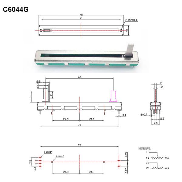 Quality C6044G Dual Potentiometer Carbon Film Slide Potentiometer 60mm Travel 5K 10K Linear Stereo Potentiometer for sale
