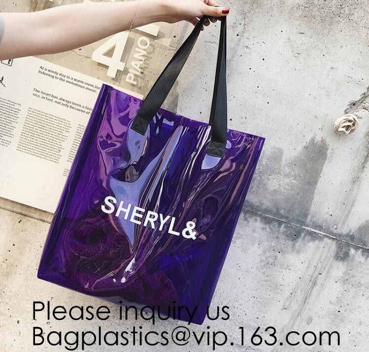 Transparent PVC Blanket Bag/Plastic Shopping Bag/Packaging Bag With Black Woven Trim And Webbing Handle, bagease, packag
