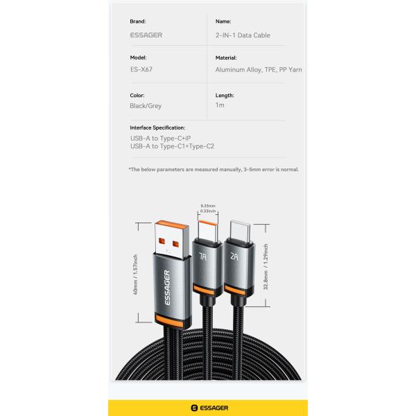 ESSAGER ES-X67 2 in 1 100W USB Type C to USB Type C Lighting Data Cable