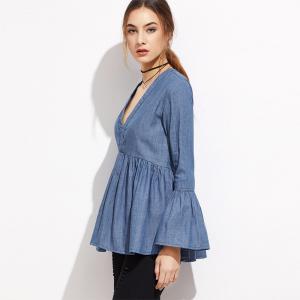 China Ladies tops deep v-neckline cap sleeves denim shirt for women wholesale