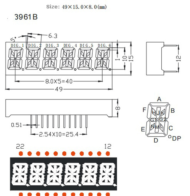 0.39" 16 segment LED Display 6 Digits Super Red Color 49x15x8mm