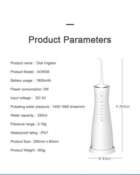 Cordless Portable 250ml Rechargeable Oral Irrigator IPX7 Waterproof