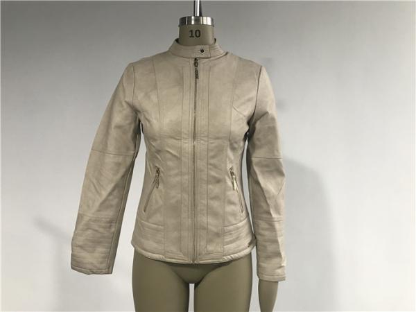 Quality Stone Color Ladies PU Jacket Slim Fit Biker Jacket With Multi Topstitching TW77310 for sale