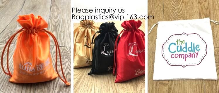 Customized Satin Hair Bag,Small Recyclable Gift Bag,Double Satin Drawstring Bag,Luxury Shinny Cream Satin Pouch With Rib