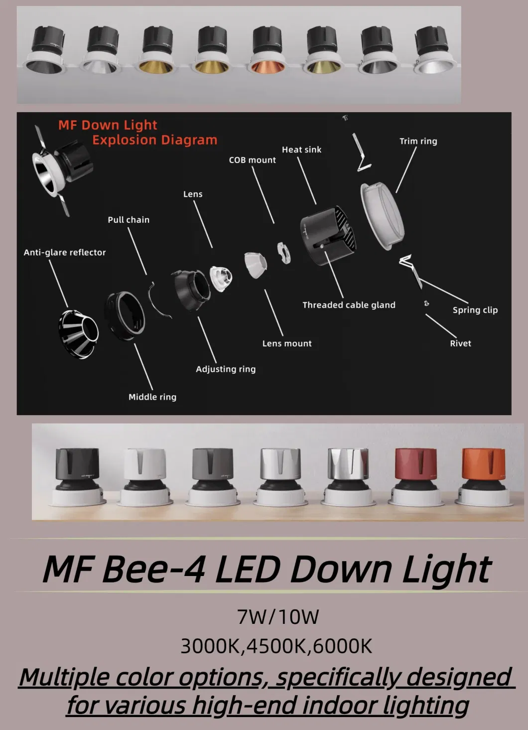 High End LED Ceiling Down Light Multiple Beam Angle 7W/10W 75mm Anti - Glare IP43 LED Ceiling Concealed COB Spot Lamp