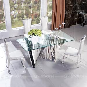 China Rectangular 70 inch Minimalist Glass Dining Table Curve Polished Chrome SS Frame wholesale
