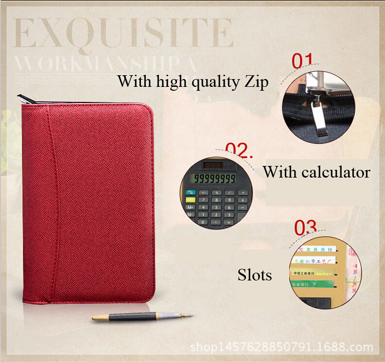 Pu Leather Manager folder notebook with zipper and Calculator