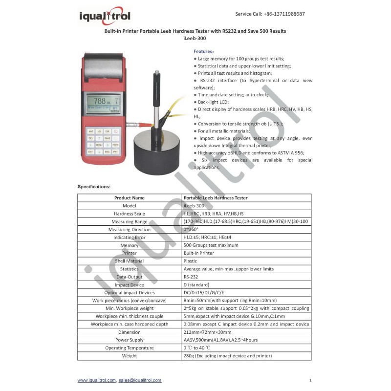 Built-in Printer Leeb Portable Hardness Testing Equipment With RS232 Large Memory