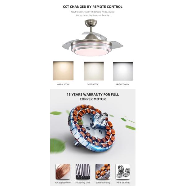 Super Bright 5000K 65W 42 Inch Flush Mount Ceiling Fan With Light retractable