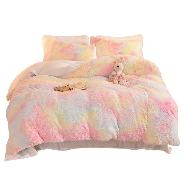 Home Hotel Wedding Rainbow Color Faux Fur Velvet Fluffy Plush Soft Bedding Set 4 Pieces
