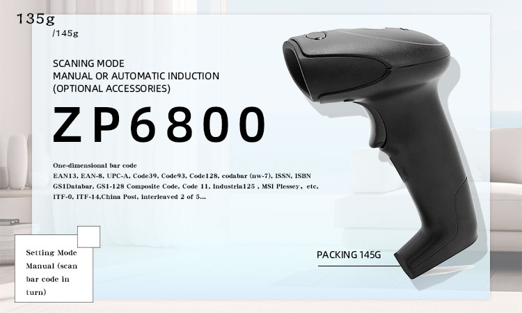 Operating Current 70MA ZP6800 1D Handsfree Barcode Reader Handheld Barcode Scanner