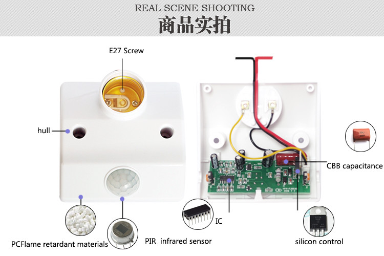 Intelligent E27 Lamp Holder , 140 Degrees Screw Bulb Holder Low Power Dual Wire