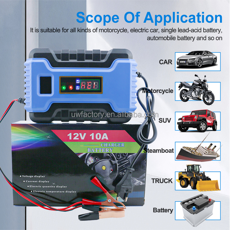Electric Vehicle E-bike Scooter LCD Display 12V 6A Automatic Battery Charger for Maintenance-Free Dry Water Battery