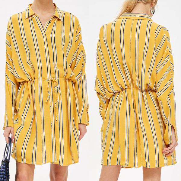 Quality Yellow Stripe Drawstring Ladies Casual Shirt Dress Long Sleeve for Women for sale