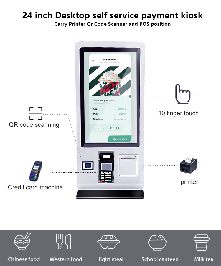 24 Inch Desktop Self Service Check Out Kiosk With Printer QR Code Scanner For Restaurant