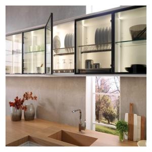 China Faucet Accessories Dark Glass Panel Solid Wood Modular Kitchen Cabinets for Apartment wholesale