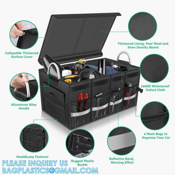 Trunk Cargo Organizer Durable Storage Collapsible Multi Compartments With Aluminium Alloy Handle Reflective Strip