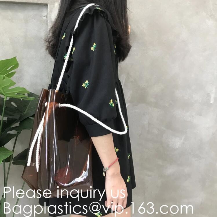 Transparent PVC Blanket Bag/Plastic Shopping Bag/Packaging Bag With Black Woven Trim And Webbing Handle, bagease, packag