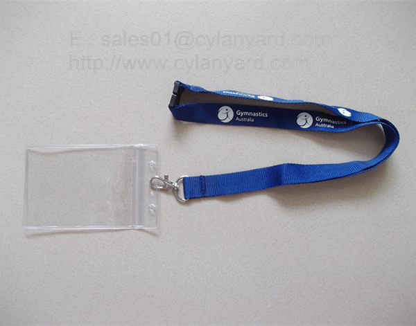 Discount plastic badge holder lanyard with plastic breakaway, polyester ribbon,