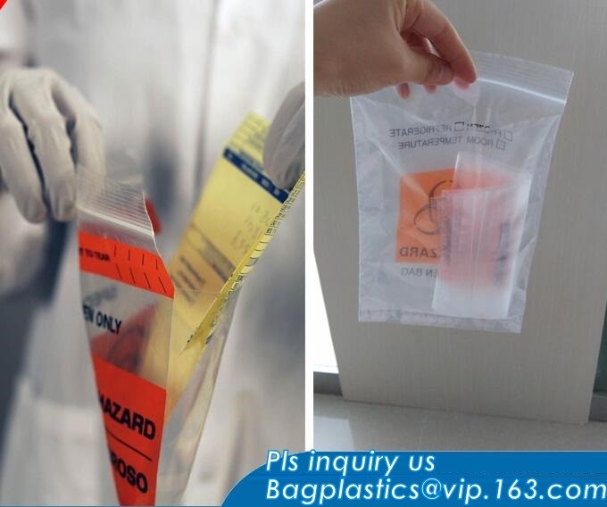 biohazard specimen Zip lockk bag with pocket, recycled custom printed ldpe 3 layers specimen bag Zip lockk bag, pac, pacrite