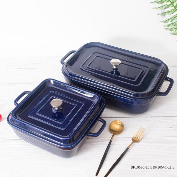 Glaze Blue Rectangle Ceramic Bakeware Sets 165oz Large Capacity OEM