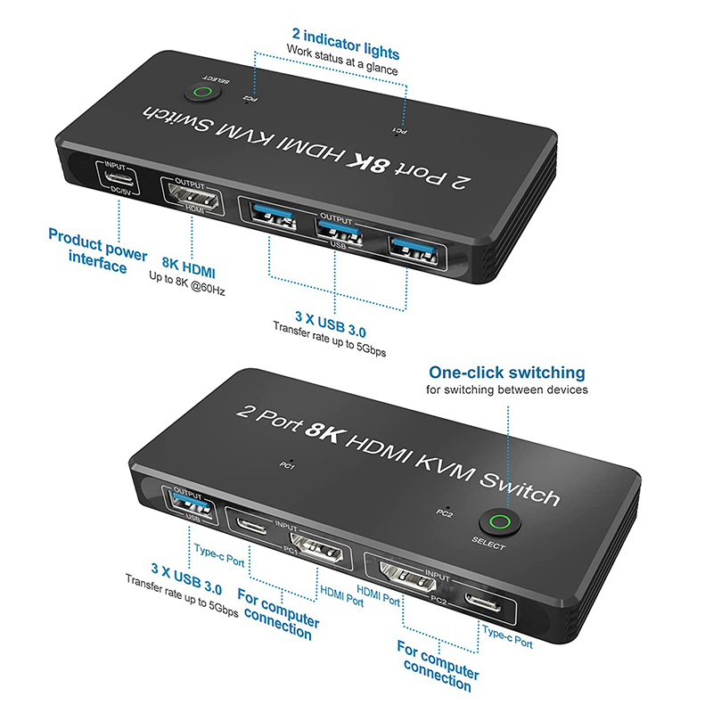 2 Port HDMI 2.1 KVM Switch with USB 3.0 2 Input 1 Output LED Indicators Female-Female