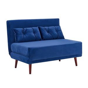 China Tri Foldable Blue Velvet Upholstered Daybed 2 Seater Pull Out Sofa Bed wholesale