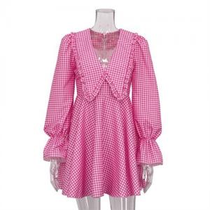 OEM maufactory Cross Border Women'S Pink Polyester Lattice Doll Collar Long Sleeve Dress