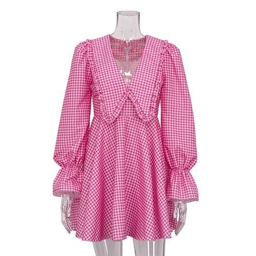 Quality OEM maufactory Cross Border Women'S Pink Polyester Lattice Doll Collar Long Sleeve Dress for sale