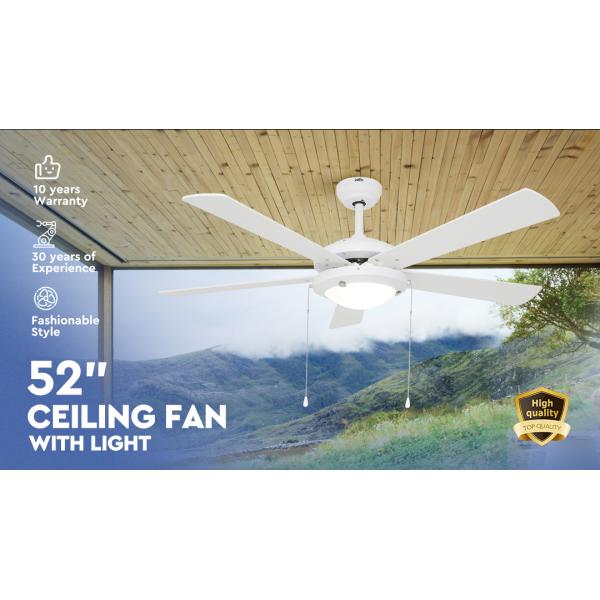 52" White Ceiling Fan with LED Light & Pull Chain 1stShine