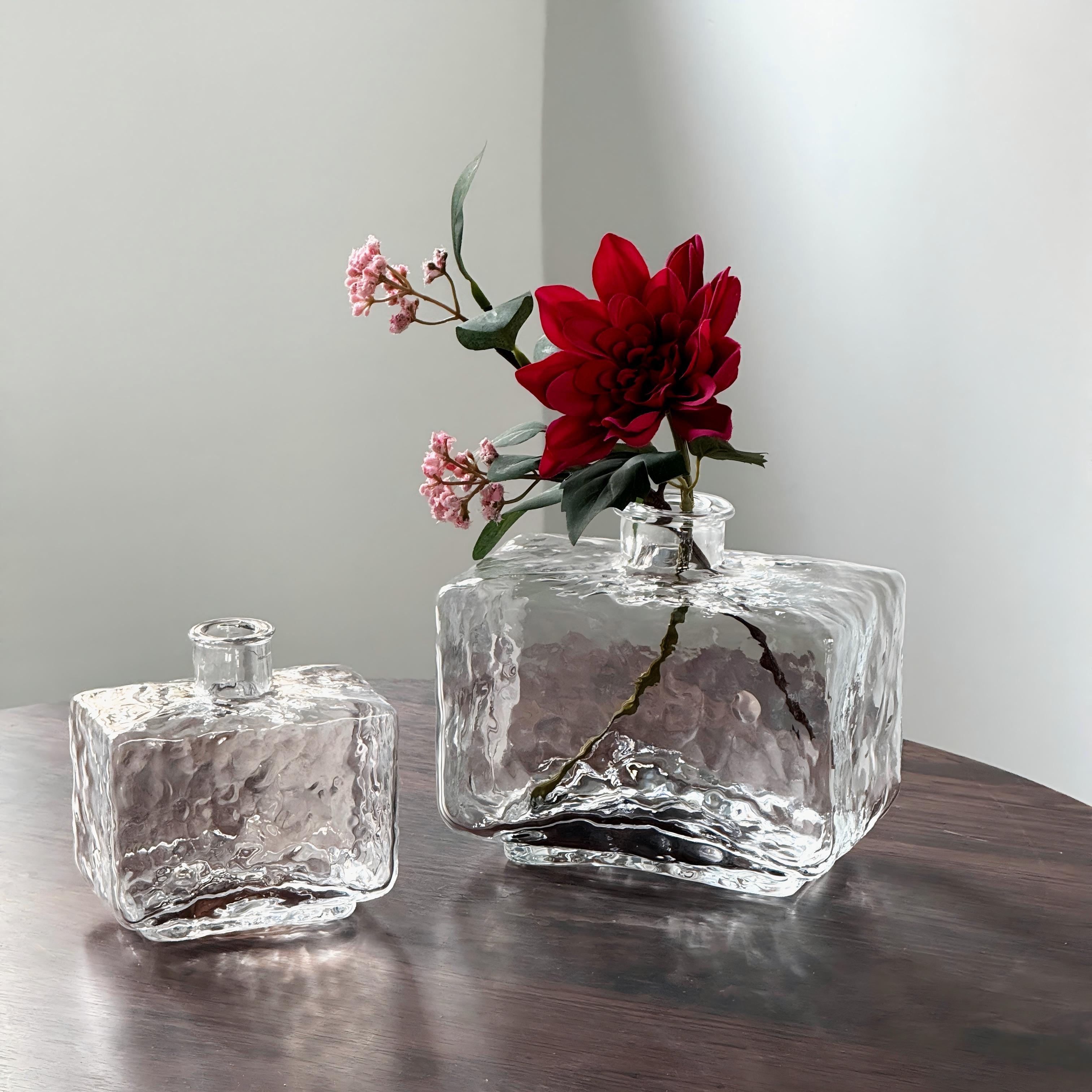 Rectangular Clear Hammered Glass Vase - Modern Minimalist Decorative Flower Vase for Table Centerpiece